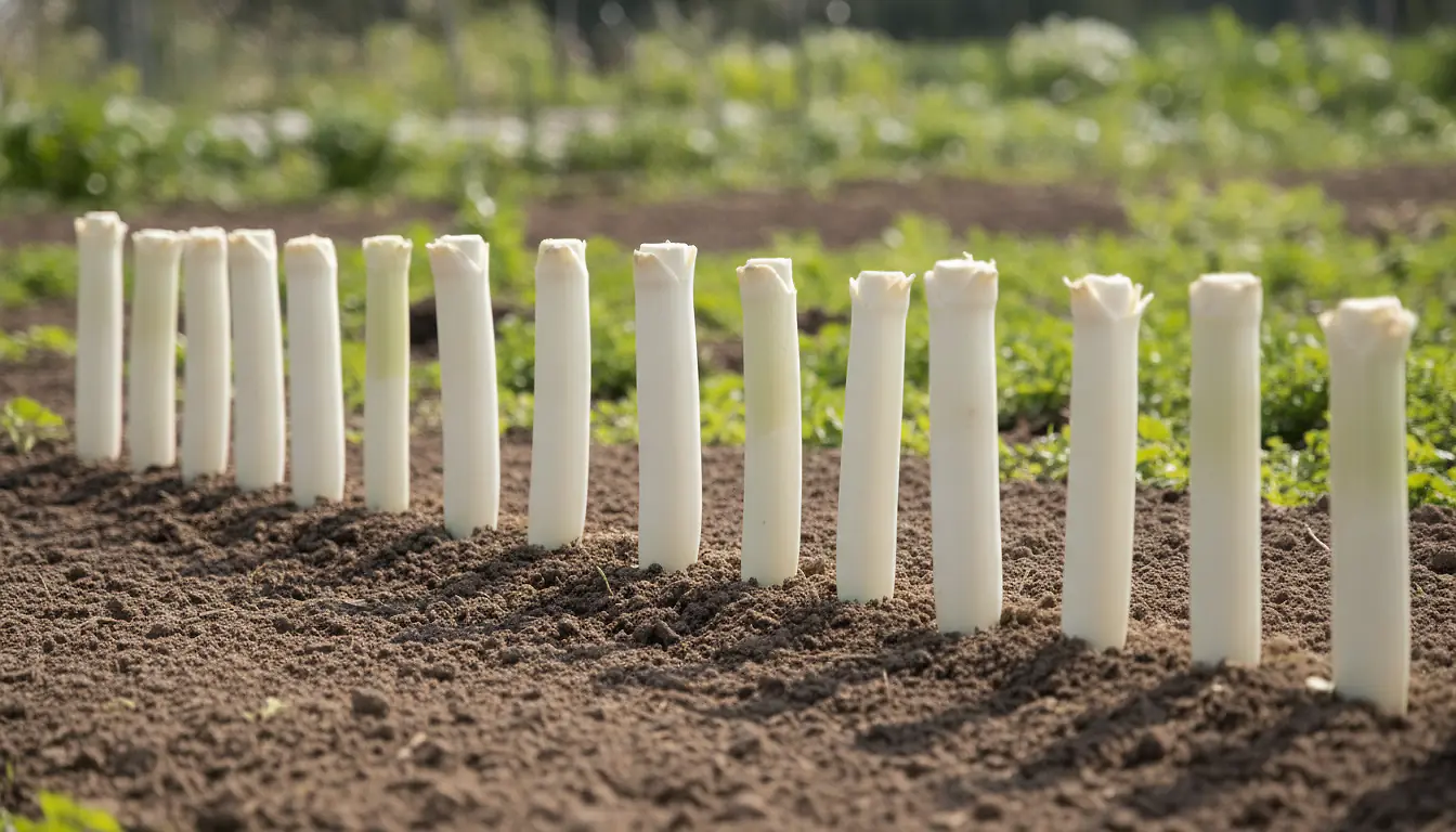 Rangée de poireaux cultivés dans un potager, fûts blanchis et dressés dans une terre brune meuble