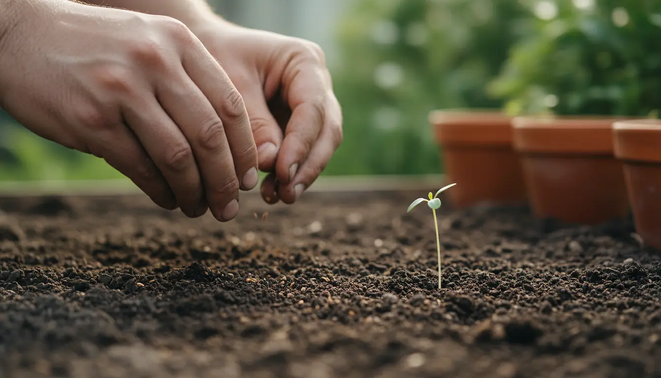 Mains semant des graines dans une terre de potager au petit matin